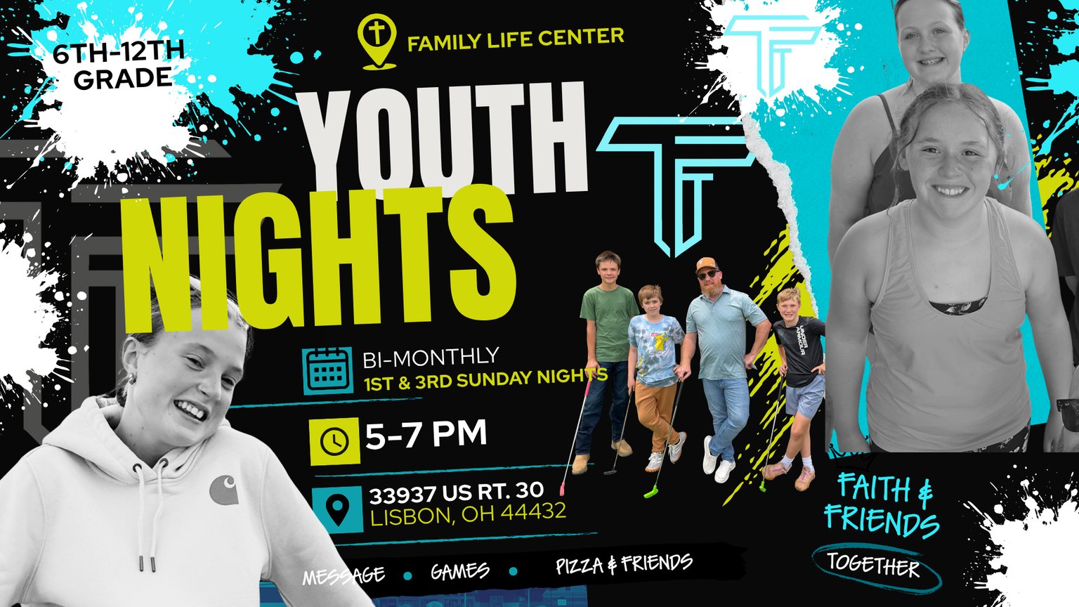 Youth Nights for 6th to 12th grade at the Family Life Center — bi-monthly on the 1st and 3rd Sunday nights, 5 to 7 PM, 33937 US Rt. 30, Lisbon, OH 44432. Message, games, pizza and friends.